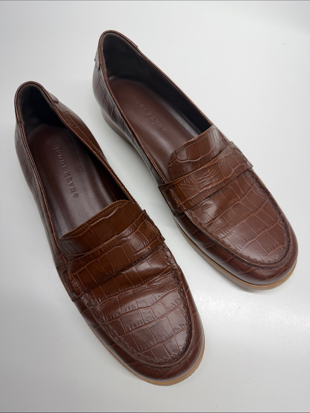Jenni Kayne Croc Embossed Loafers Leather Slip On Shoes Cognac Brown Size 9 / 39